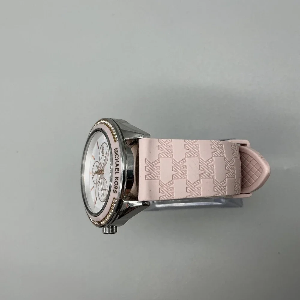 Michael Kors Womens Watch 40mm Silver Tone Pink Crystals Day Date Silicone Band